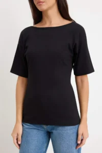 TRENDYOLMİLLA Black Plain Regular Boat Neck Drop Sleeve Short LONG 100% Cotton Knitting T-Shirt - Image 3