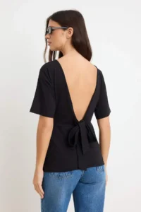 TRENDYOLMİLLA Black Plain Regular Boat Neck Drop Sleeve Short LONG 100% Cotton Knitting T-Shirt - Image 4