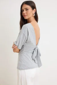 TRENDYOLMİLLA Gray Melange Plain Regular Boat Neck Drop Sleeve Short LONG 100% Cotton Knitting T-Shirt
