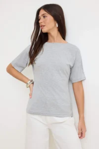 TRENDYOLMİLLA Gray Melange Plain Regular Boat Neck Drop Sleeve Short LONG 100% Cotton Knitting T-Shirt - Image 2