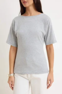 TRENDYOLMİLLA Gray Melange Plain Regular Boat Neck Drop Sleeve Short LONG 100% Cotton Knitting T-Shirt - Image 3