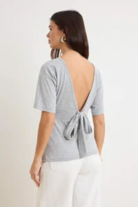 TRENDYOLMİLLA Gray Melange Plain Regular Boat Neck Drop Sleeve Short LONG 100% Cotton Knitting T-Shirt - Image 4