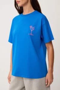 TRENDYOLMİLLA Indigo Slogan Oversized Crew Neck Drop Sleeve Short LONG Tok 100% Cotton Knitting T-Shirt - Image 3
