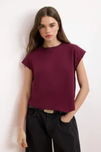 TRENDYOLMİLLA Plum Plain relaxed Crew Neck Drop Sleeve Short 100% Cotton Knitting T-Shirt