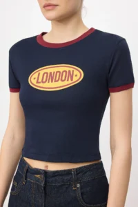 TRENDYOLMİLLA Navy Blue Fitted Printed Short Sleeve interlock Knitting T-Shirt - Image 3