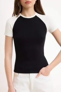TRENDYOLMİLLA Black Color Bloklu Regular/Normal Pattern Short Sleeve 100% Cotton Knitting T-Shirt - Image 3