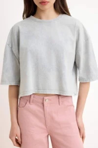 TRENDYOLMİLLA Gray relaxed/Rahat Pattern Antique/Faded Effect Crop/Short Tok 100% Cotton Knitting T-Shirt - Image 3