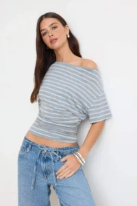 TRENDYOLMİLLA Gray Striped Fitted Boat Neck Shirred Crop/Short Soft Knitting T-Shirt