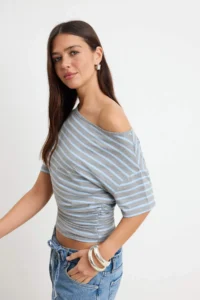TRENDYOLMİLLA Gray Striped Fitted Boat Neck Shirred Crop/Short Soft Knitting T-Shirt - Image 2