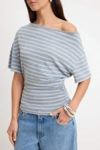 TRENDYOLMİLLA Gray Striped Fitted Boat Neck Shirred Crop/Short Soft Knitting T-Shirt - Image 3