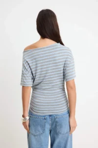 TRENDYOLMİLLA Gray Striped Fitted Boat Neck Shirred Crop/Short Soft Knitting T-Shirt - Image 4