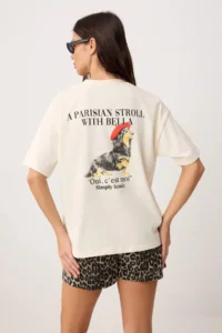 TRENDYOLMİLLA Ecru Printed Oversized/Wide Pattern Short Sleeve Knitting T-Shirt - Image 3