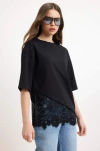 TRENDYOLMİLLA Black Regular/Normal Pattern Lace Detailed Short Sleeve Knitting T-Shirt