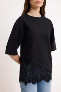 TRENDYOLMİLLA Black Regular/Normal Pattern Lace Detailed Short Sleeve Knitting T-Shirt - Image 3