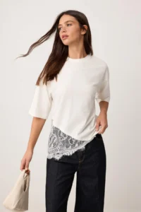 TRENDYOLMİLLA Ecru Regular/Normal Pattern Lace Detailed Short Sleeve Knitting T-Shirt