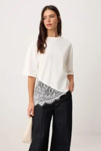 TRENDYOLMİLLA Ecru Regular/Normal Pattern Lace Detailed Short Sleeve Knitting T-Shirt - Image 2