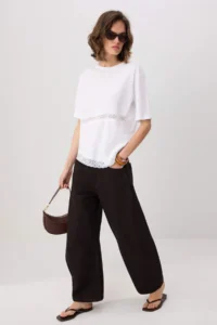TRENDYOLMİLLA Ecru Cotton Lace Detailed relaxed Short Sleeve Knitting T-Shirt - Image 2
