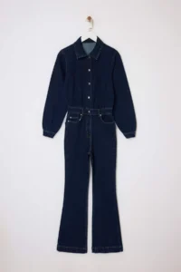 TRENDYOLMİLLA Limited Edition DARK BLUE Long Sleeve Wide Leg Less Flexible DENIM Jumpsuit