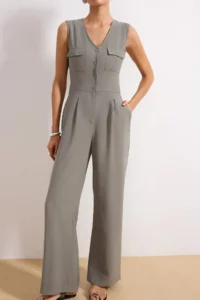 TRENDYOLMİLLA Khaki Modal Wide Leg buttoned Sleeveless Weaving Jumpsuit - Image 3