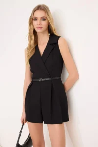 TRENDYOLMİLLA Black Arched Sleeveless Mini Flexible Weaving Jumpsuit - Image 2