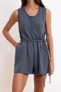 TRENDYOLMİLLA Anthracite Wide Leg Cowl Neck Sleeveless Wide Leg Short / Mini Pique Knitting Jumpsuit - Image 3