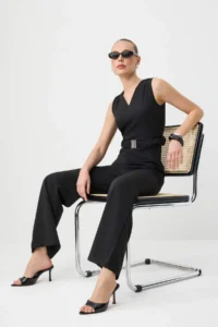 TRENDYOLMİLLA Black Belt Detailed Sleeveless LONG Weaving Jumpsuit - Image 2