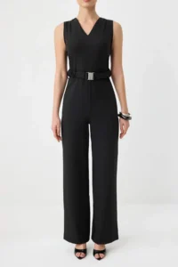 TRENDYOLMİLLA Black Belt Detailed Sleeveless LONG Weaving Jumpsuit - Image 3