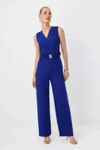 TRENDYOLMİLLA Saks Blue Belt Detailed Sleeveless LONG Weaving Jumpsuit - Image 2