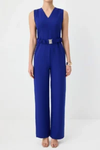 TRENDYOLMİLLA Saks Blue Belt Detailed Sleeveless LONG Weaving Jumpsuit - Image 3