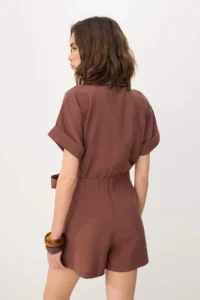 TRENDYOLMİLLA More Sustainable Brown Binding Detailed Mini Weaving Jumpsuit - Image 5