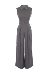 TRENDYOLMİLLA Anthracite skater Polo Shirt Collar Sleeveless Arched Maxi Modal Premium Knitting Jumpsuit
