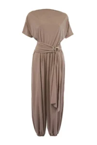 TRENDYOLMİLLA Dark Mink relaxed Boat Neck Short Arched Wide Leg LONG Modal Premium Knitting Jumpsuit