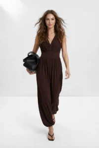 TRENDYOLMİLLA Brown Plain Sleeveless Shalwar Hem Jumpsuit - Image 3