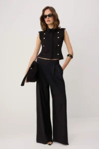 TRENDYOLMİLLA Black Fitted Shirt Collar buttoned buttoned Scuba Crepe Knitting Vest - Image 2