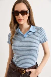 Olalook Women's Blue Polo Neck Striped Crop T-Shirt TSH- - Image 2