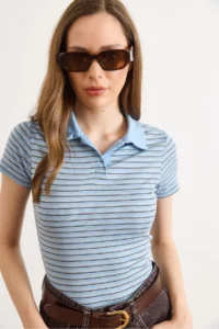 Olalook Women's Blue Polo Neck Striped Crop T-Shirt TSH- - Image 3