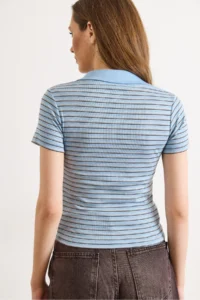 Olalook Women's Blue Polo Neck Striped Crop T-Shirt TSH- - Image 6