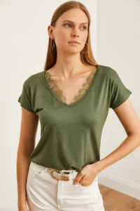 Olalook Women's Khaki Collar Lace Casual Viscose Blouse