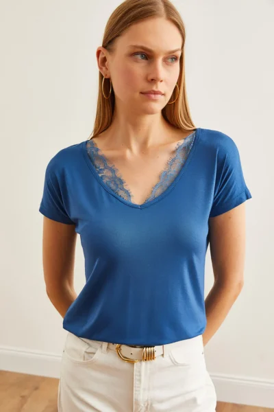 Olalook Women's Indigo Collar Lace Loose Viscose Blouse