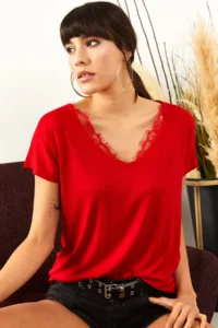 Olalook Women's Red Collar Lace Casual Viscose Blouse