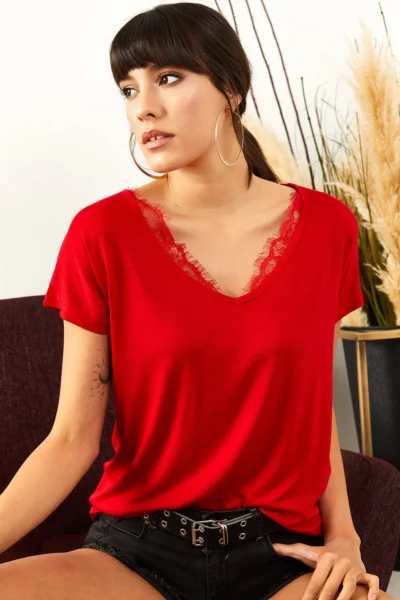 Olalook Women's Red Collar Lace Casual Viscose Blouse