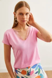 Olalook Women's Candy Pink Collar Lace Loose Viscose Blouse - Image 6