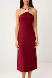 TRENDYOLMİLLA Burgundy A-Cut/Life Form Barbell Neck Sleeveless Accessory Detailed Flexible Knitting Dress - Image 3