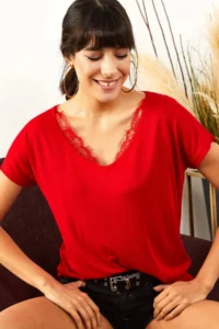 Olalook Women's Red Collar Lace Casual Viscose Blouse - Image 2