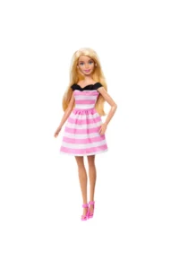 Barbie 's 65th Anniversary Doll and accessories, doll with blonde hair and pink striped dress HTH66