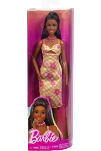 Barbie Black haired Barbie Fashionistas doll with checkered and floral midi dress HYT91 - Image 3