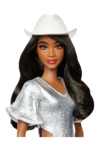 Barbie ® Baby HYT95 with black hair in a silver sparkly dress, cowboy hat and boots - Image 3