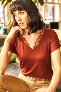 Olalook Women's Tile Collar Lace Casual Viscose Blouse - Image 3