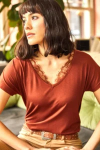 Olalook Women's Tile Collar Lace Casual Viscose Blouse - Image 4
