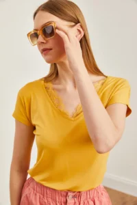 Olalook Women's Mustard Collar Lace Casual Viscose Blouse - Image 5